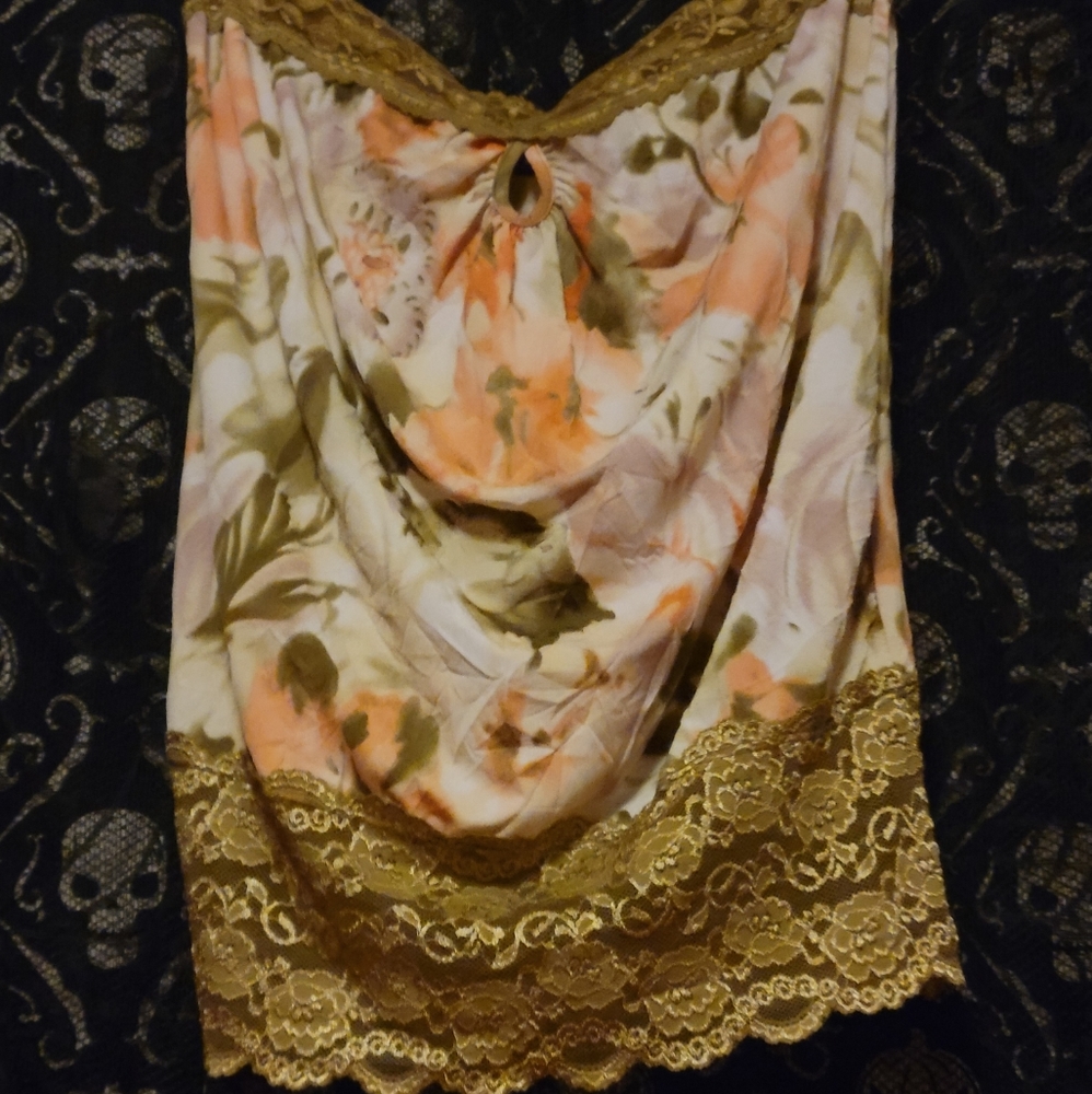 Vtg Y2K Vanity olive grn floral lace strapless keyhole crinkle tube top 1X NWOT - Picture 5 of 16